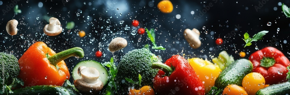 Colorful Fresh Vegetables Splashing in Water with Bubbles Against a Dark Background for Healthy Eating and Culinary Inspiration Colorful Fresh Vegetables Splashing in Water with Bubbles Against a Dark Background for Healthy Eating and Culinary Inspiration