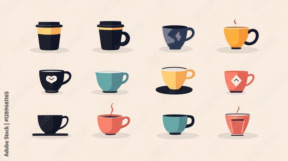 Fototapeta premium Coffee cups, minimalist design, flat graphic style, vibrant colors, black blue pink green, simple shapes, geometric artwork, clean lines, modern illustration, vector graphics, café icons, beverage sym