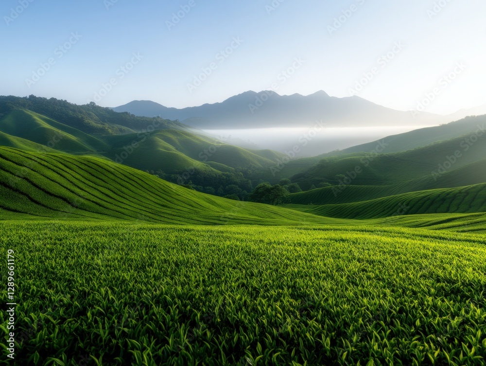 Green Tea Plantation with Misty Mountains Green Tea Plantation with Misty Mountains