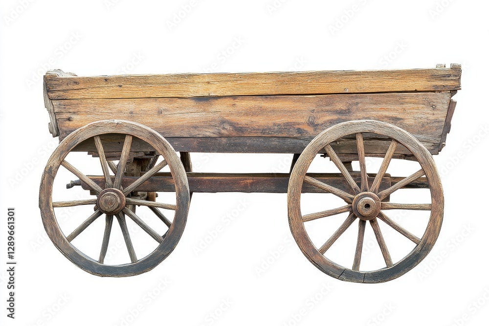 Obraz premium Weathered Wooden Wagon with Spoked Wheels on White Background