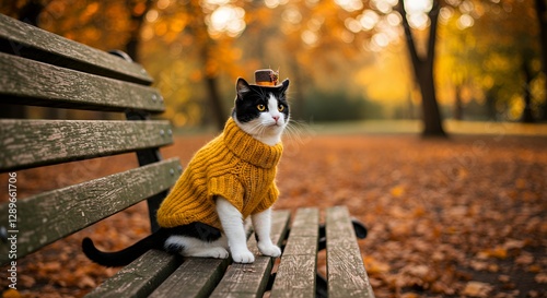 A cat in a cozy yellow sweater sits on a bench amidst autumn leaves.