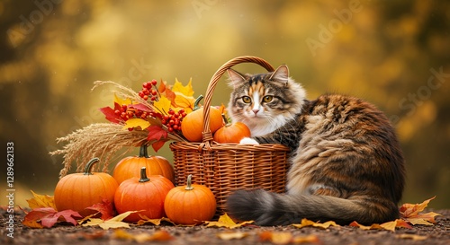 A cat nestled beside pumpkins and autumn leaves in a cozy fall setting.