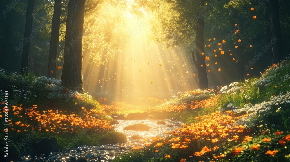 Beautiful colorful wild flowers in deep foggy forest with sun light in Spring.