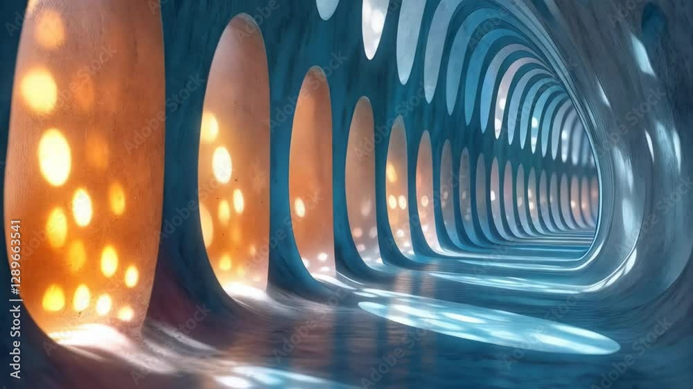Innovative tunnel features striking light patterns created by colorful windows. Warm hues blend with cool tones, transforming the space into an immersive sensory experience during evening hours