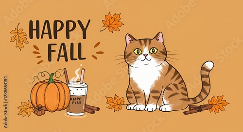A cheerful autumn-themed illustration featuring a cat, pumpkin, and seasonal drinks.