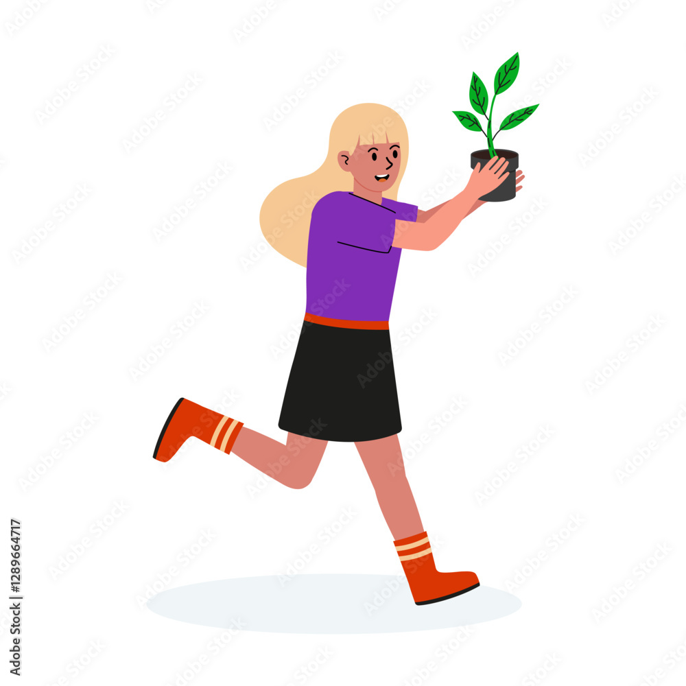Girl excitedly running with a potted plant in a bright, cheerful setting outdoors Girl excitedly running with a potted plant in a bright, cheerful setting outdoors