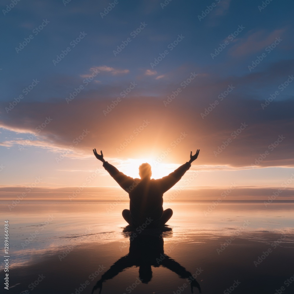 silhouette of person meditating at sunset silhouette of person meditating at sunset