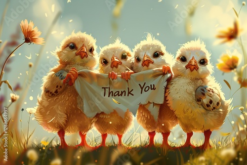 A group of fluffy baby chicks standing together, holding a giant 