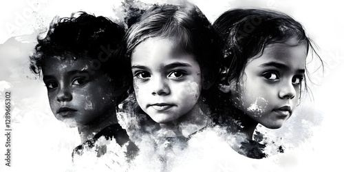 Three young girls with their eyes closed. The image is black and white. The girls are looking at the camera