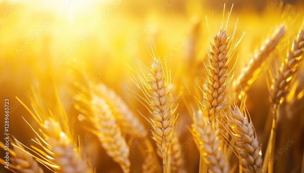 Close-Up Macro Shot Of Golden Ripe Wheat Ears In A Summer Field Under The Sun'S Rays, Captured In Ultra Wide Format. Close-Up Macro Shot Of Golden Ripe Wheat Ears In A Summer Field Under The Sun'S Rays, Captured In Ultra Wide Format.