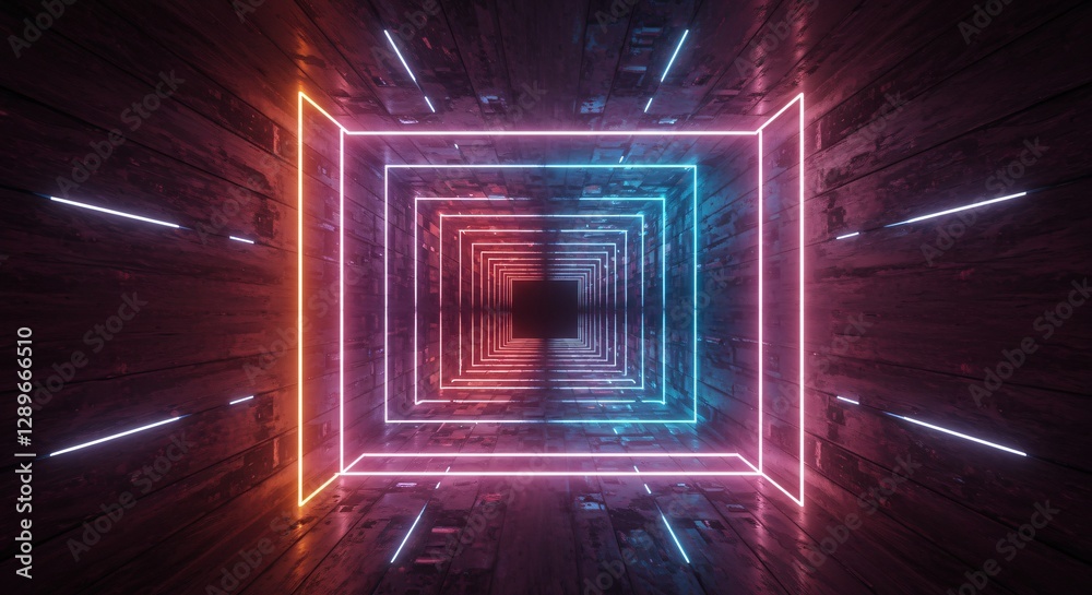 Abstract futuristic tunnel with glowing neon lights and depth perspective Abstract futuristic tunnel with glowing neon lights and depth perspective