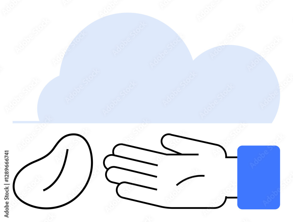 Hand extended in offering gesture, one seed, cloud backdrop. Ideal for growth, agriculture, potential, nurturing, opportunities future planning innovation. Line metaphor Hand extended in offering gesture, one seed, cloud backdrop. Ideal for growth, agriculture, potential, nurturing, opportunities future planning innovation. Line metaphor