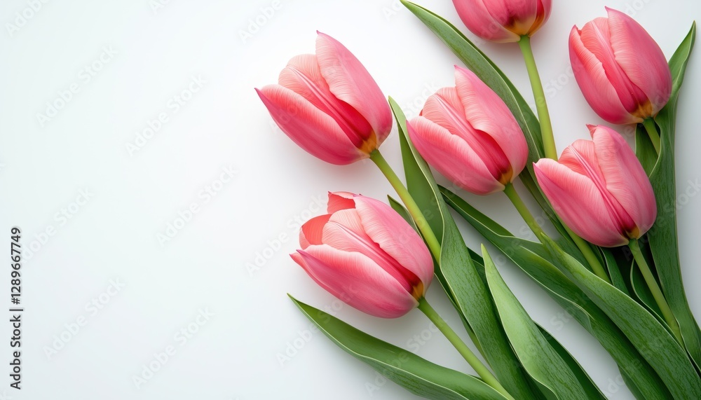 Top View Of Pink Tulips Bouquet On White Background: Perfect Layout For Spring, Mother'S Day, And Easter Greeting Card With Pastel Colors. Top View Of Pink Tulips Bouquet On White Background: Perfect Layout For Spring, Mother'S Day, And Easter Greeting Card With Pastel Colors.