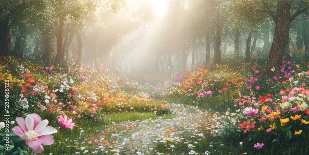 Obraz premium Beautiful colorful wild flowers in deep foggy forest with sun light in Spring.