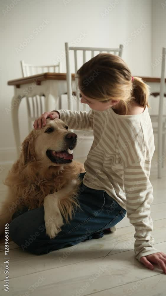 Happy Teenage Girl Hugging And Petting An Adorable Golden Retriever Dog On The Floor At Home, Vertical Video Happy Teenage Girl Hugging And Petting An Adorable Golden Retriever Dog On The Floor At Home, Vertical Video