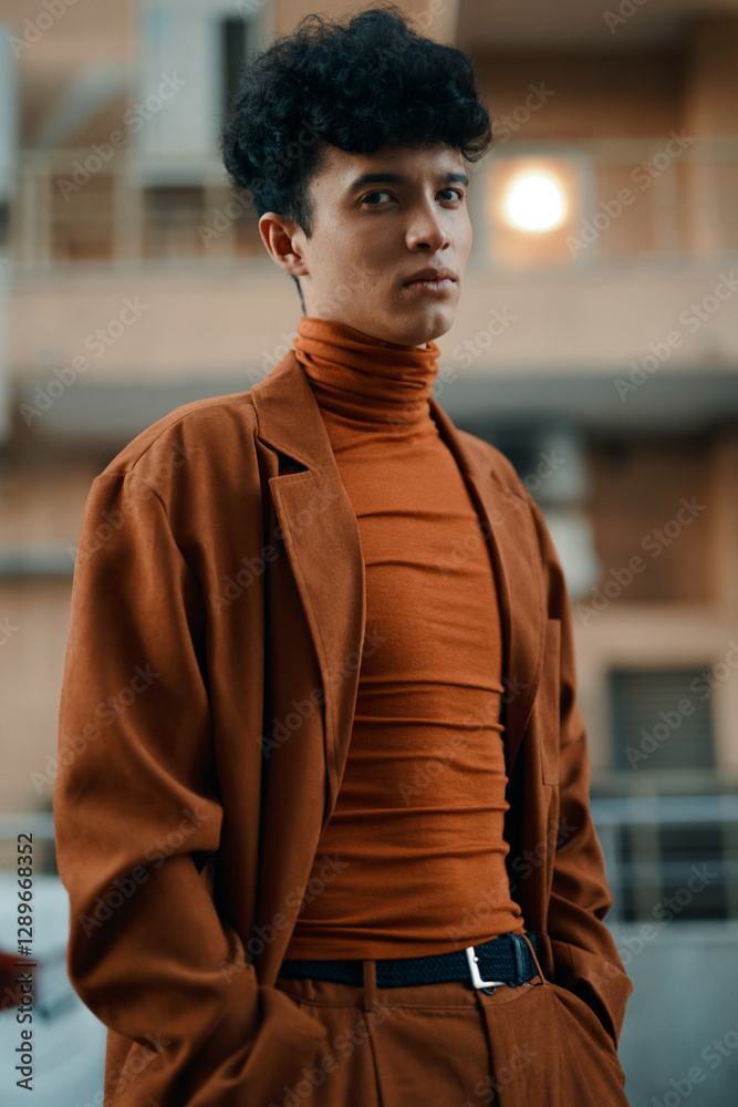 Fototapeta premium Portrait of a young man in a stylish brown outfit, set against an urban backdrop The warm tones create a trendy and modern aesthetic