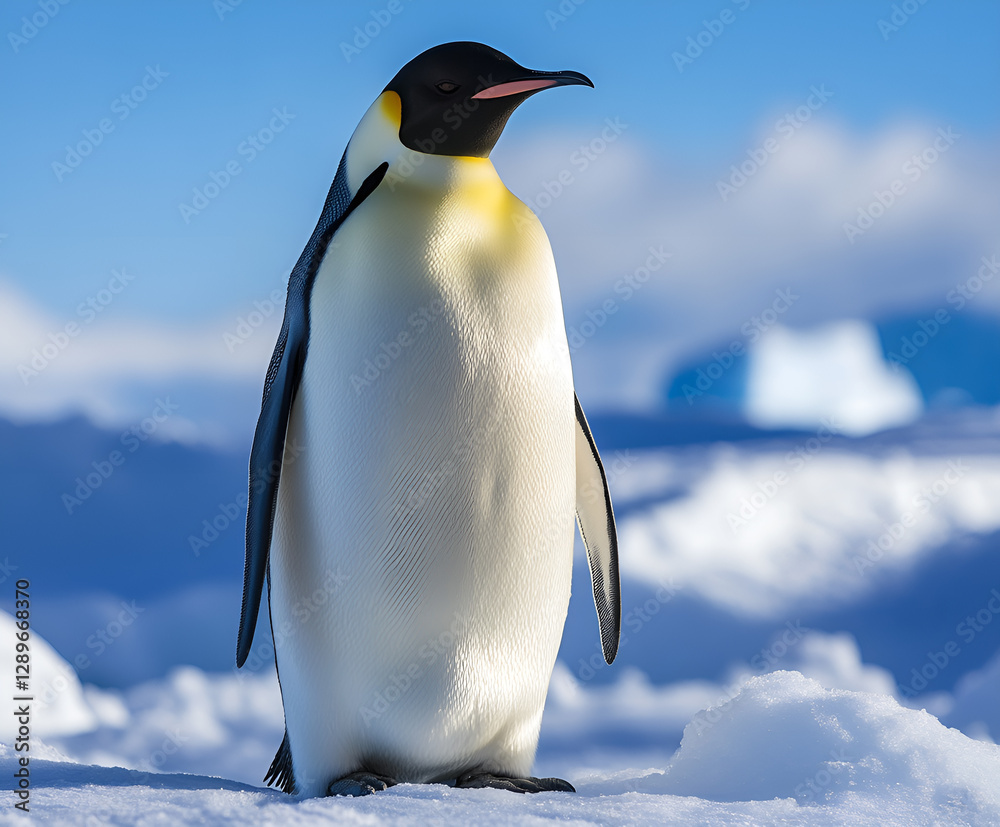 Fototapeta premium A majestic Emperor penguin stands gracefully on an ice floe in Antarctica, surrounded by stunning icy landscapes under a clear blue sky.
