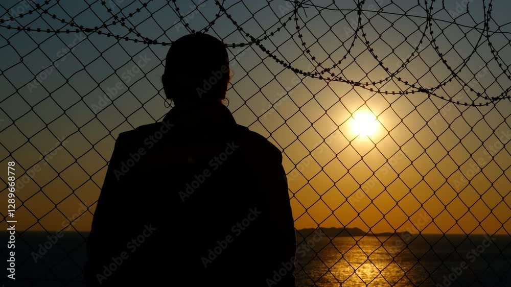 A refugee in despair at the border. A silhouette of a refugee desperately clings to the barbed wire at the border against the backdrop of a sea sunset
