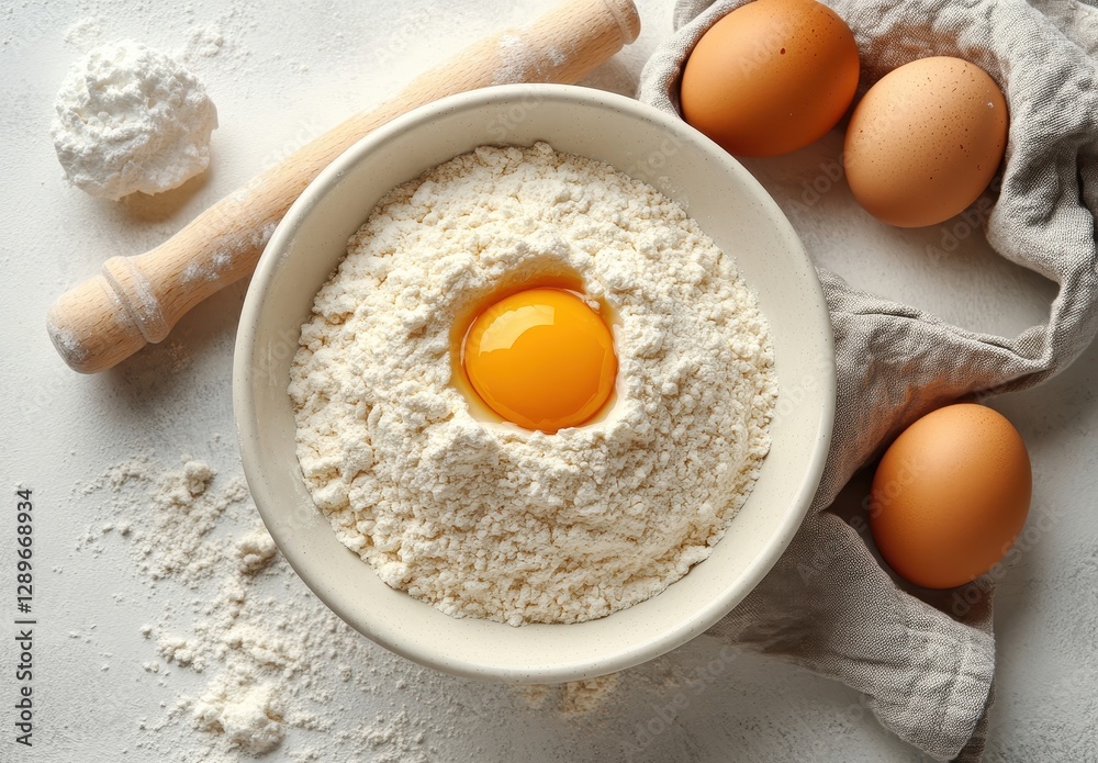 Flour and Egg Mixture in a Bowl Surrounded by Fresh Eggs on a Light Background Perfect for Cooking or Baking Inspired Images Flour and Egg Mixture in a Bowl Surrounded by Fresh Eggs on a Light Background Perfect for Cooking or Baking Inspired Images