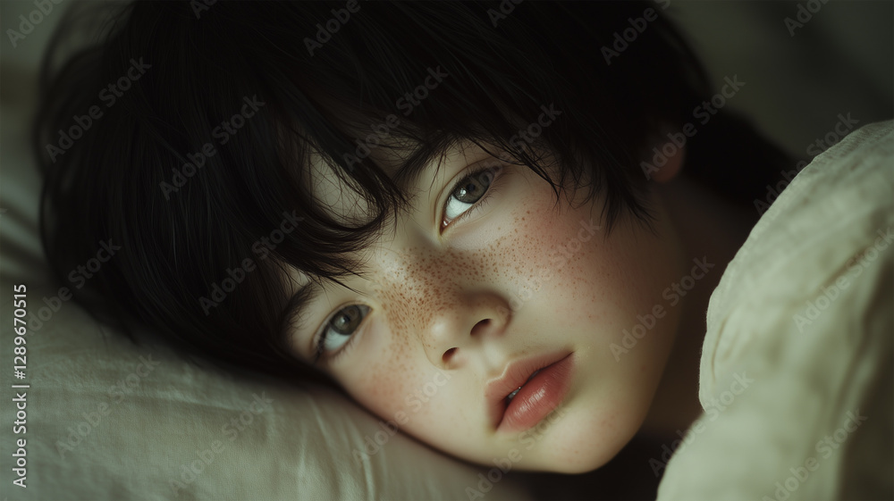 枕に顔をうずめて静かに考える少年 枕に顔をうずめて静かに考える少年