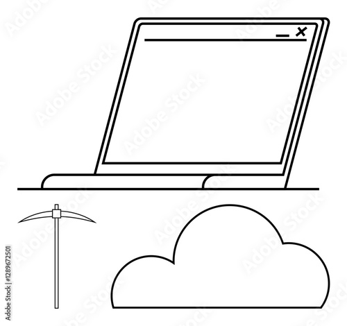 Laptop displaying a window, a pickaxe, and a cloud outline. Ideal for concepts on data mining, cloud computing, tech industry, digital storage, cybersecurity, online work and technological