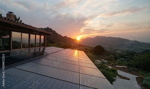 Jet-black solar panels on a house reflect the sunset against a mountain backdrop