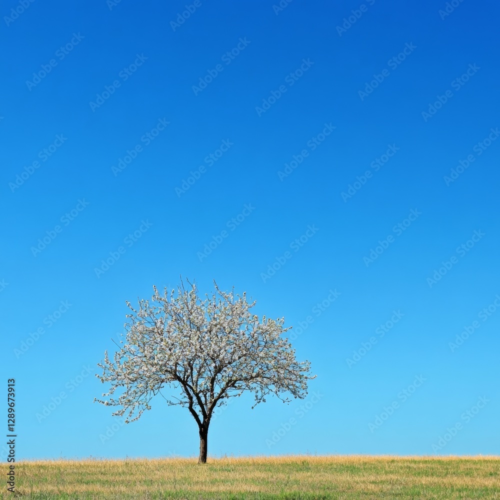 Almond tree alone in field under blue sky. Almond tree alone in field under blue sky.