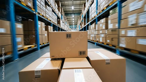Warehouse filled with stacked boxes ready for shipment during busy work hours
