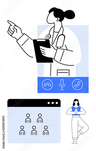 Doctor with stethoscope and clipboard, video call interface, yoga pose for balance. Ideal for health, telehealth, virtual communication, healthcare services, online meetings, mental wellness