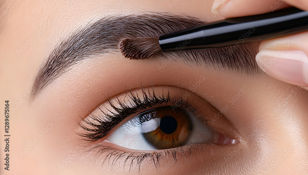 Naklejka premium Makeup artist combs eyebrows with a brush after dyeing in a beauty salon. Professional makeup and cosmetology skin care.