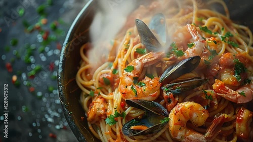 An overhead view of a hot plate of spaghetti with large shrimp and mussels perfectly cooked pasta served with juicy flavorful pieces of seafood and a rich marinara sauce on a restaurant table. 