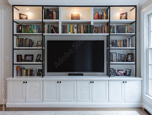 Modern white built-in entertainment center with black metal frame, books, and photos.