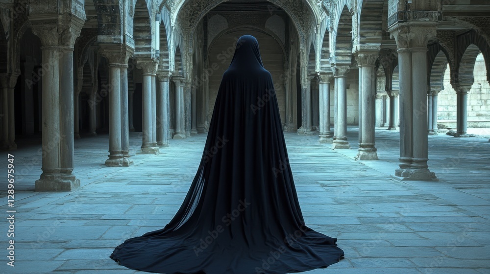 Mysterious Figure in Dark Cloak in Historic Architecture Setting