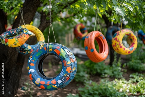 Whimsical Tire Art: A vibrant display of recycled tires transformed into colorful art pieces, hanging from a tree. This charming outdoor installation celebrates creativity and environmental awareness.