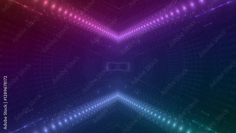 energievoll leuchtende Lichtpunkte bewegen sich langsam Richtung Zentrum, digitaler Datentransfer, Algorithmus, Internet, Datenfluss, Geschwindigkeit, Wandel, Austausch, violett, lila
