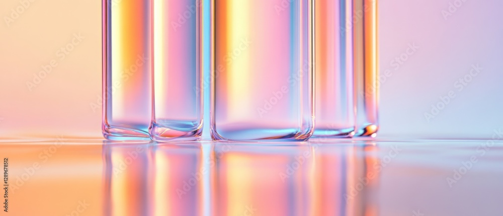 Iridescent Glass Bottles on Reflective Surface Iridescent Glass Bottles on Reflective Surface