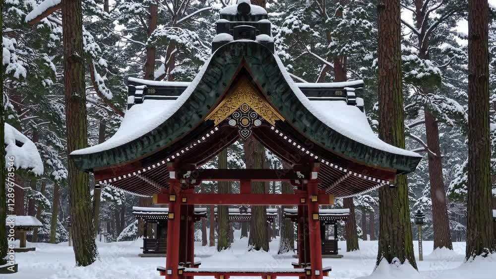 A video captures a traditional Japanese shrine in a snowy forest, with a straight-on angle highlighting the intricate roof design and serene surroundings. A video captures a traditional Japanese shrine in a snowy forest, with a straight-on angle highlighting the intricate roof design and serene surroundings.