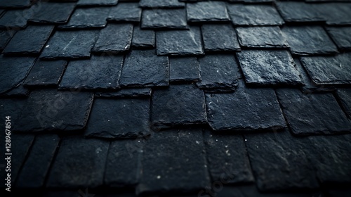 Roof shingles with garret house on top the house. dark asphalt tiles on the roof background on afternoon time. dark asphalt tiles on the roof background Roof shingles with garret house on top the