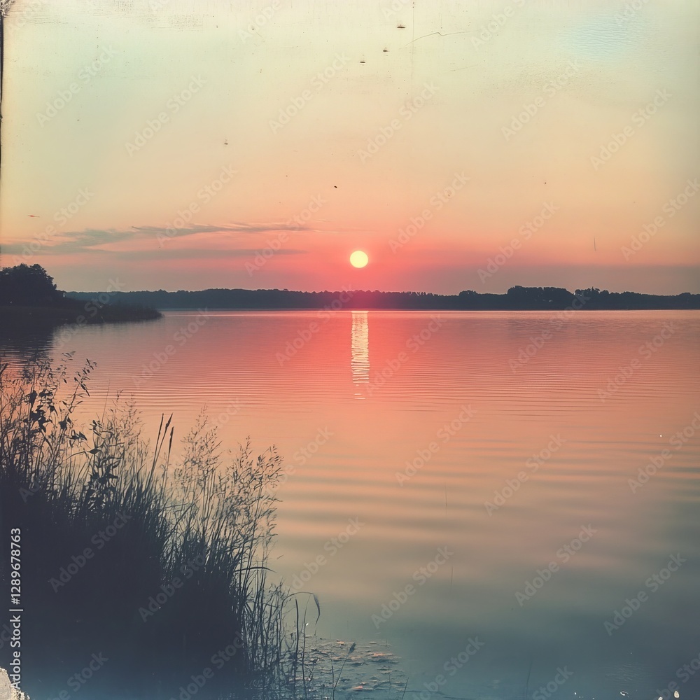 Naklejka premium Sunset over serene lake in Poland.