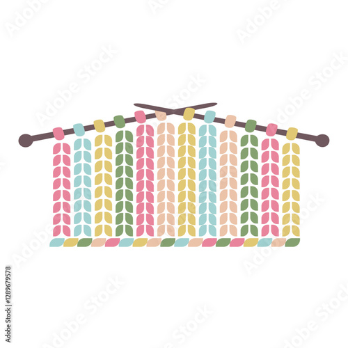Knitted fabric with needles isolated on white background. Knitting yarn and needles. Needlework. Handicraft. Hand drawn Knitting tools. Creative hobby concept. Vector