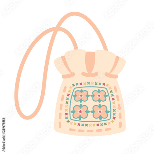 Knitted trendy woman hand bag isolated. Fashion women shoulder bag with long handgrip. Bag icon. Female Crochet  purse with strap and pattern. Woman accessories. Handicraft. Vector illustration