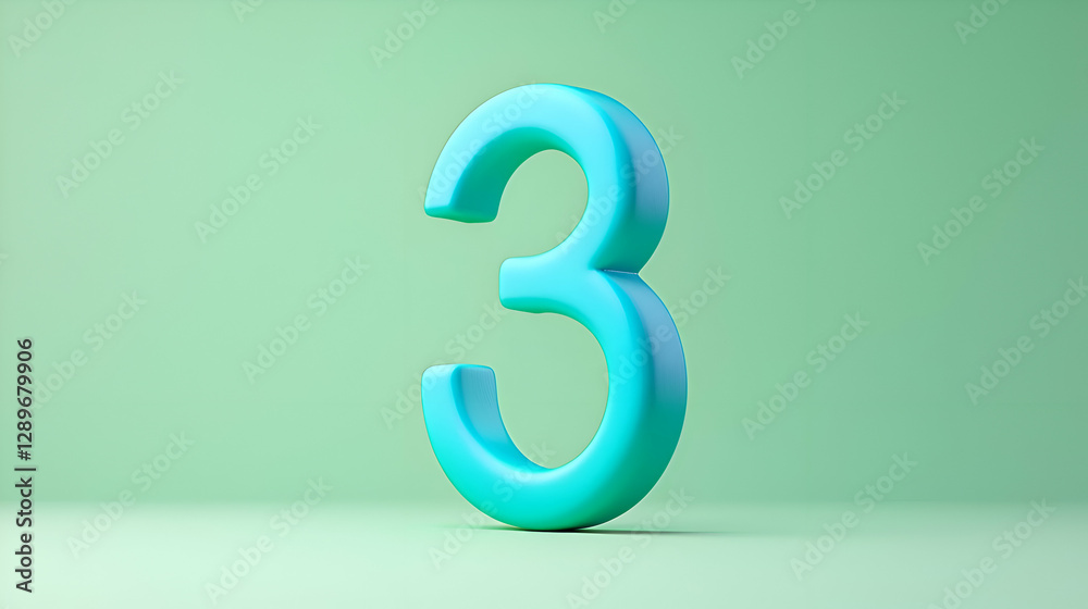 3D Render of Turquoise Number Three on Light Green Background 3D Render of Turquoise Number Three on Light Green Background