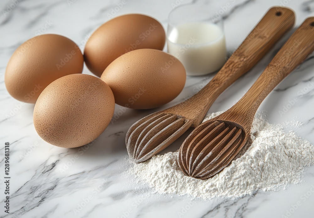 Fresh Eggs and Wooden Utensils on Marble Surface with Flour and Milk for Baking and Cooking in Bright Kitchen Setting