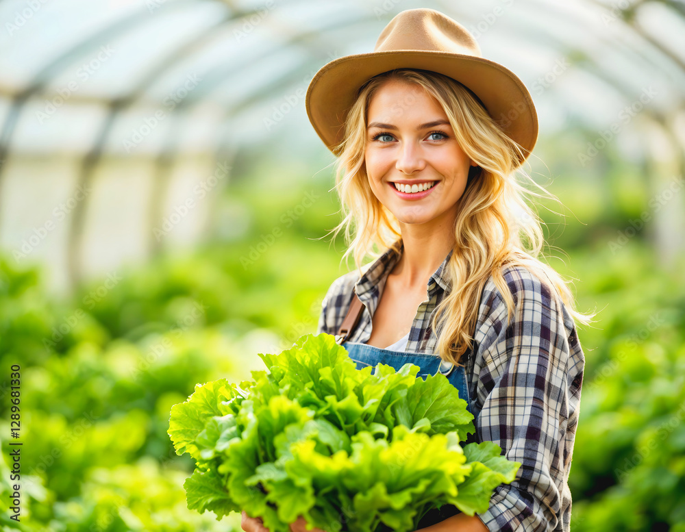 Beautiful blonde farmer girl wearing hat and holding green lettuce and smiling, cheerful woman with veggies, female gardener