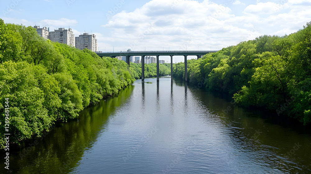 Fototapeta premium Urban River Landscape With Bridge And Lush Green Trees