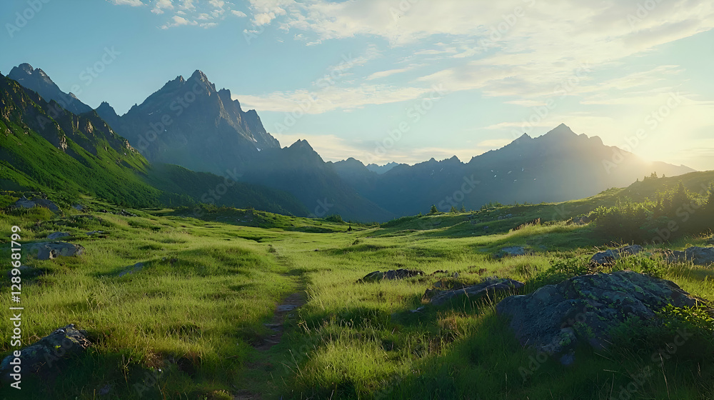 Fototapeta premium Sunrise Over Lush Green Alpine Meadow with Majestic Mountains