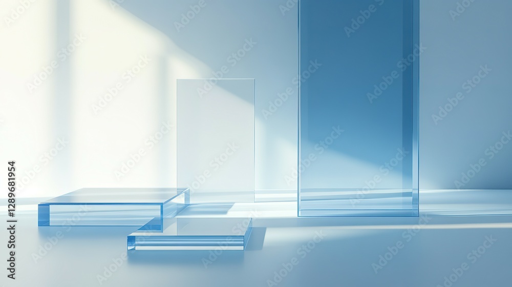 Fototapeta premium Transparent glass blocks are displayed against a white wall backdrop