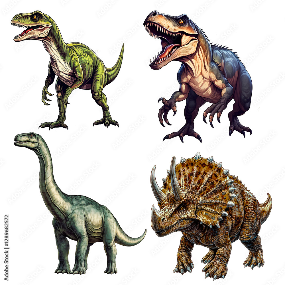 Fototapeta premium Dinosaurs on a transparent background. Herbivorous and predatory prehistoric reptiles. Stickers with lizards on a light background.