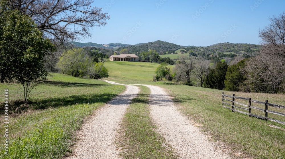 Country Road Leading to Ranch House in Hilly Landscape Country Road Leading to Ranch House in Hilly Landscape