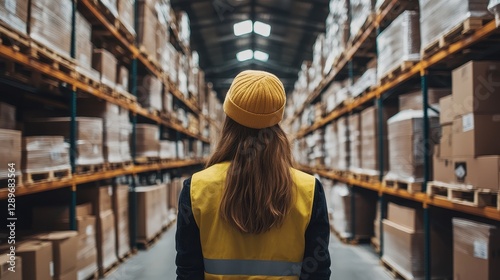 Back view of a worker ensuring all packages are correctly labeled in a warehouse, [employee, inspection, warehouse, back view]